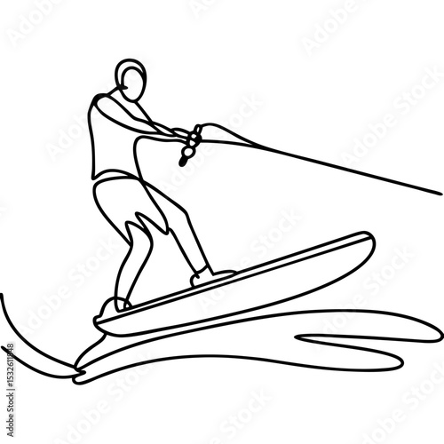 Wakeboarding athlete on water, dynamic line art illustration.  Active wakeboarder performing tricks, single line drawing style.  Stylish wakeboarding image perfect for sports magazines, websites,