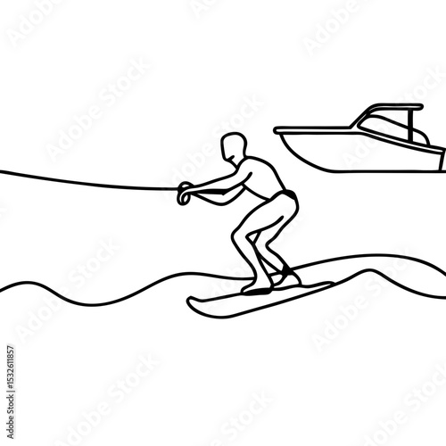 Wakeboarding athlete on water skis, pulled by motorboat. Exciting summer water sport activity, wakeboarding athlete shows skills and balance. Perfect wakeboarding image for brochures, websites,