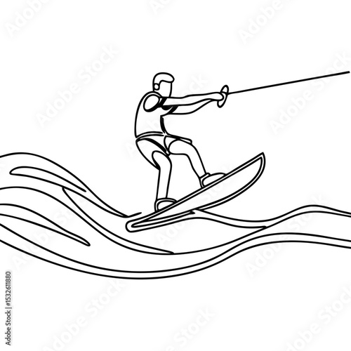 Exciting water skiing action. Skilled water skier glides across waves. Dynamic water skiing scene perfect for sports magazines and websites.