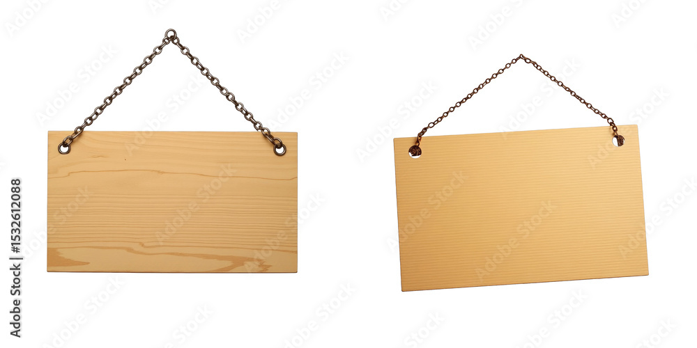 Wooden signs hanging on chains with blank backgrounds isolated on transparent background for easy overlay and editing in design projects Wooden signs hanging on chains with blank backgrounds isolated on transparent background for easy overlay and editing in design projects