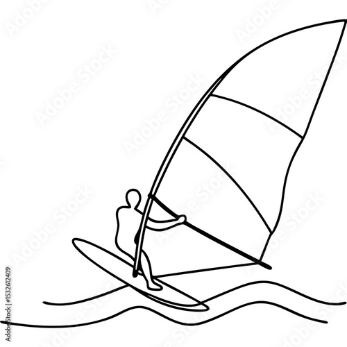 Dynamic windsurfing illustration with single line art style.  Windsurfer glides across water, using sail and board for exhilarating ride. This windsurfing image is perfect for sports magazines,