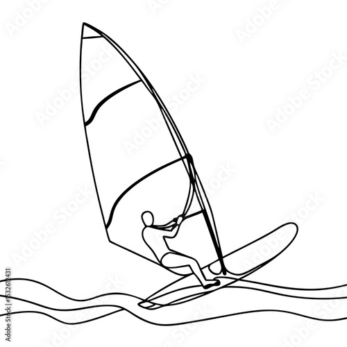 Windsurfing illustration single line drawing. Person windsurfing on ocean waves. Dynamic windsurfing action for sports publications.