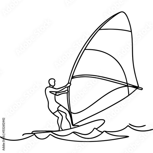 Windsurfing illustration: person on board sailing on waves. Dynamic windsurfing image shows person skillfully maneuvering sailboard.  Stylish windsurfing concept perfect for sports magazines,