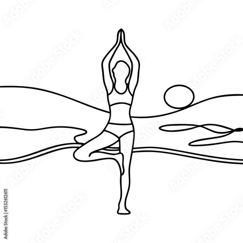 Woman practicing yoga tree pose on beach at sunset. Yoga asana on ocean shore at golden hour. Woman finds peace and balance through yoga practice. This image is perfect for yoga studios,