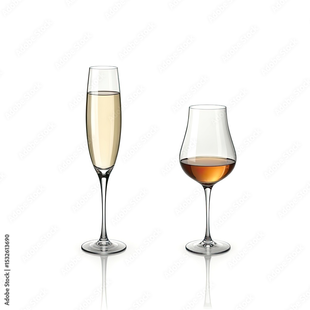 Two Elegant Wine Glasses with Champagne and Cognac Isolated Two Elegant Wine Glasses with Champagne and Cognac Isolated
