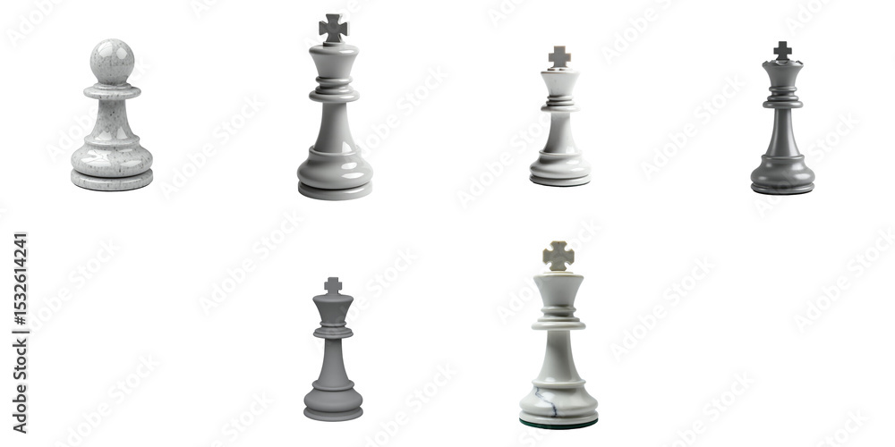 Grey Marble Chess Pieces Set Including Pawn Bishop Rook Queen and King Isolated on transparent Background Symbolizing Strategy Leadership and Competition Grey Marble Chess Pieces Set Including Pawn Bishop Rook Queen and King Isolated on transparent Background Symbolizing Strategy Leadership and Competition