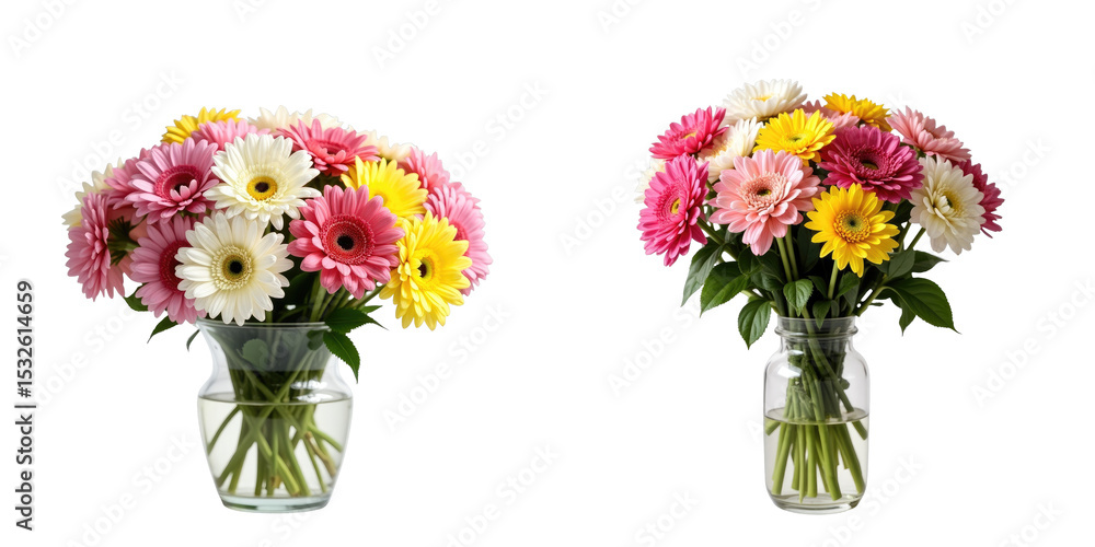 Fototapeta premium Assorted vibrant gerbera daisies arranged in two clear glass vases with water, complemented by green leaves, isolated on a transparent background for clear visibility.