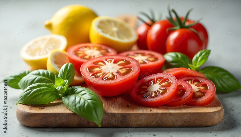 A wooden cutting board topped with sliced tomatoes and fresh basil leaves, with lemons in the background A wooden cutting board topped with sliced tomatoes and fresh basil leaves, with lemons in the background