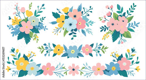 Floral Vector Set Pastel Colors Springtime Flower Elements Collection