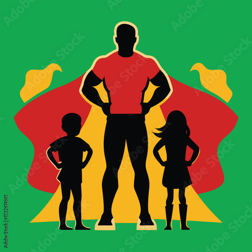 Vector Illustration of Superhero Dad Standing with His Two Children, Father's Day
