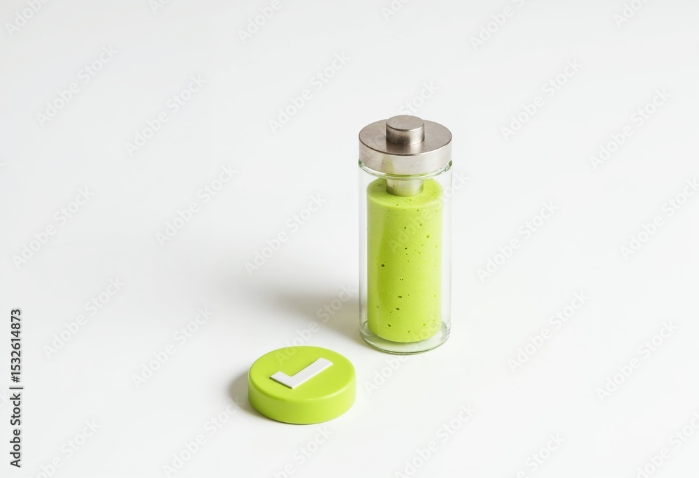 Obraz premium Full battery energy concept green battery in glass jar with check mark on white background studio shot
