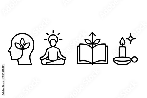 Mindfulness icons: meditation, growth, knowledge, enlightenment symbols