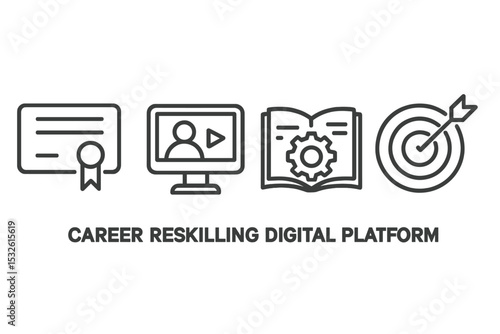 Career reskilling digital platform icons: certificate, video, book, target