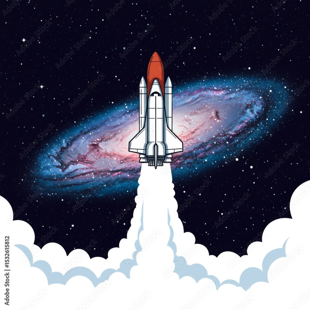 Obraz premium Pixel Art Rocket Launching Through a Galaxy