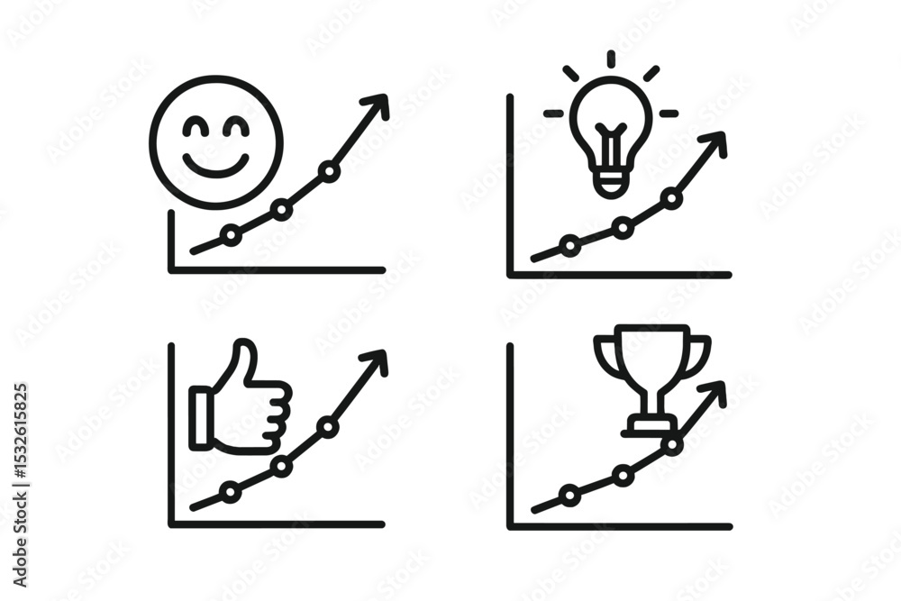 Fototapeta premium Business growth icons: smiley, lightbulb, thumbs up, trophy on graph