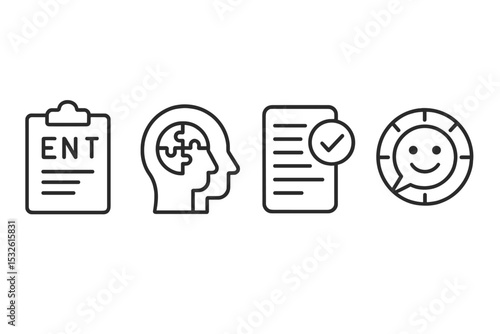 Medical symbols: ent, mental health, document, satisfaction icon set