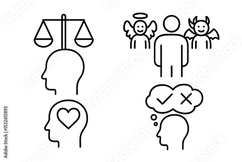 Human head symbols: balance, heart, angel and devil, decision making icons