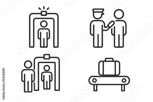 Airport security screening icons set with security checkpoints and scanning procedures