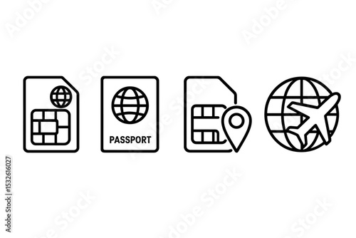 Sim card passport and travel icons on gray background