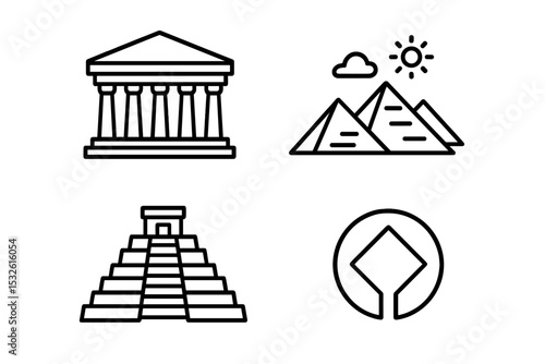Ancient architecture symbols: greek temple, pyramids, mayan pyramid, obelisk