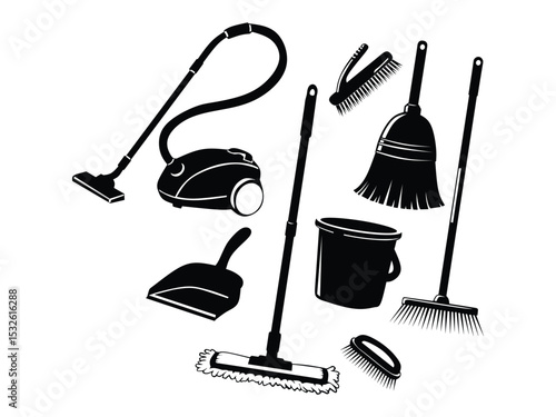 set of cleaning tools  silhouette vector illustration isolated with white background 