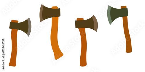 Various designs of an axe with different handle colors and blade styles in a simple layout