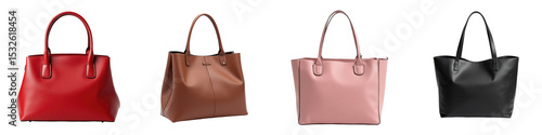 set of four luxury handbags for women in various colors including red, nude, pink and transparent isolated on a transparent background for fashion purposes