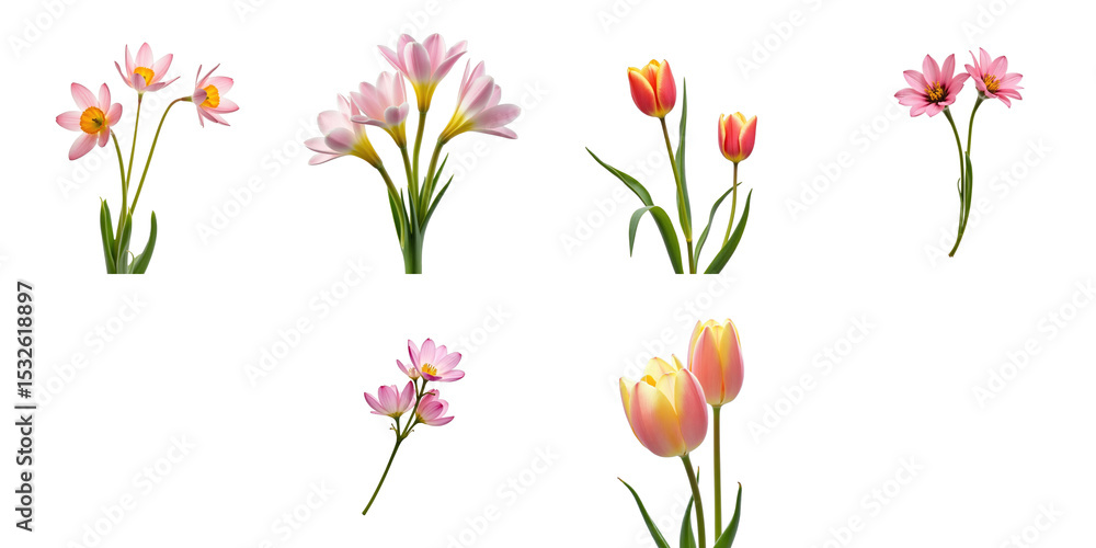 Naklejka premium variety of spring flowers including pink tulips and delicate blossoms isolated on transparent background for seamless layering or use in digital design projects