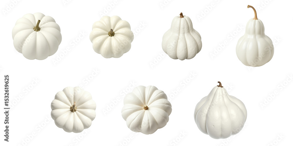 Fototapeta premium Top view collection of white wax or transparent gourds showcasing various shapes and sizes isolated on transparent background with clipping path for seamless integration