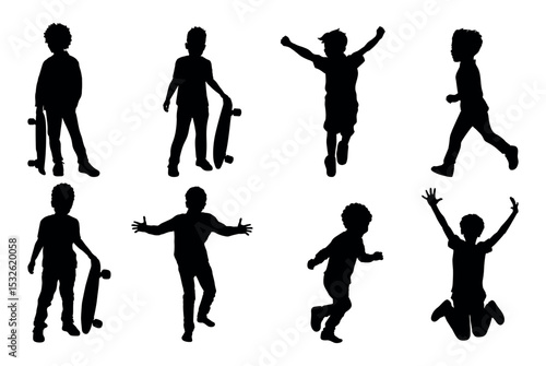 set of silhouettes of boys in different movements