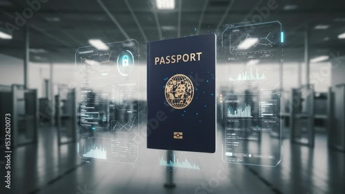 Futuristic passport control with holographic data overlay for secure international travel