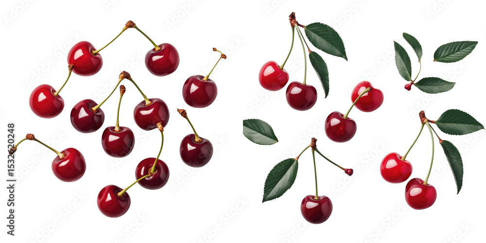 Fresh red cherries with green leaves isolated on transparent background, featuring a variety of cherries arranged artfully, ideal for design and culinary presentations. Fresh red cherries with green leaves isolated on transparent background, featuring a variety of cherries arranged artfully, ideal for design and culinary presentations.