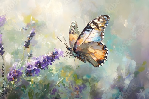 Artistic butterfly on lavender flower impressionistic style oil painting background