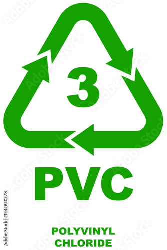 Recycling code green color icon, plastic type number 3 for PVC representing Polyvinyl Chloride, recycling triangle with arrows and number on isolated background.