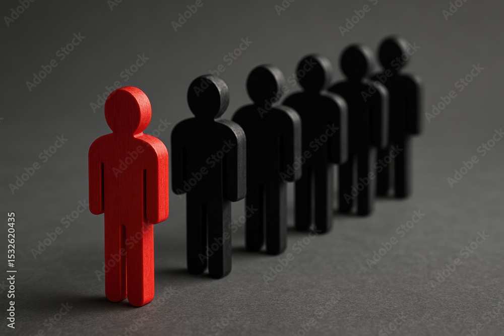 Leadership stands out as the red figure leads a uniform group black wooden figures symbolizing influence and teamwork Leadership stands out as the red figure leads a uniform group black wooden figures symbolizing influence and teamwork