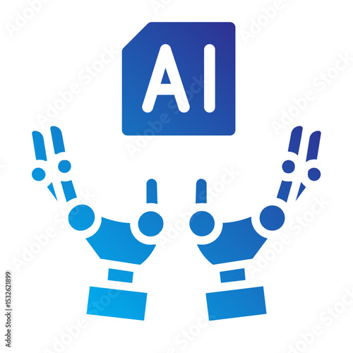Two robotic hands holding AI icon, symbolizing collaborative AI systems and robotics.