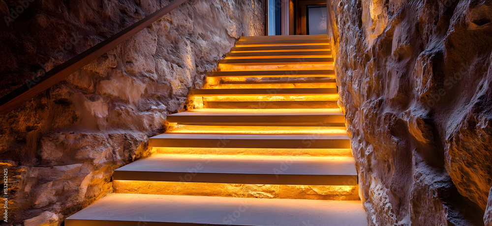 Fototapeta premium Stunning textured staircase with warm lighting and rustic wall design