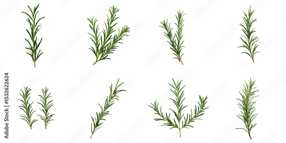 Collection of rosemary branches arranged in a grid format with top views isolated on a transparent background featuring different orientations and compositions of green rosemary leaves Collection of rosemary branches arranged in a grid format with top views isolated on a transparent background featuring different orientations and compositions of green rosemary leaves