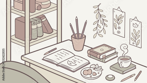 Illustration of a desk with books, pencils, a cup of coffee, and wall decorations in a cozy room