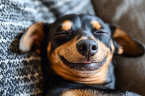 Generative AI image of a funny playful dog with a big smile relaxing