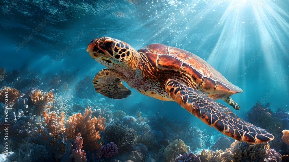Fototapeta premium 4K Panormamic wide-angle shot of a hawksbill sea turtle