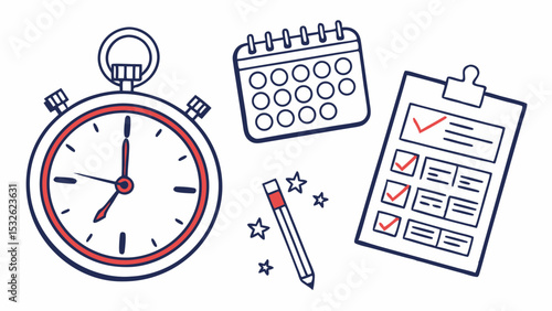 Illustration of a stopwatch, calendar, checklist, and pencil with stars for time management concept