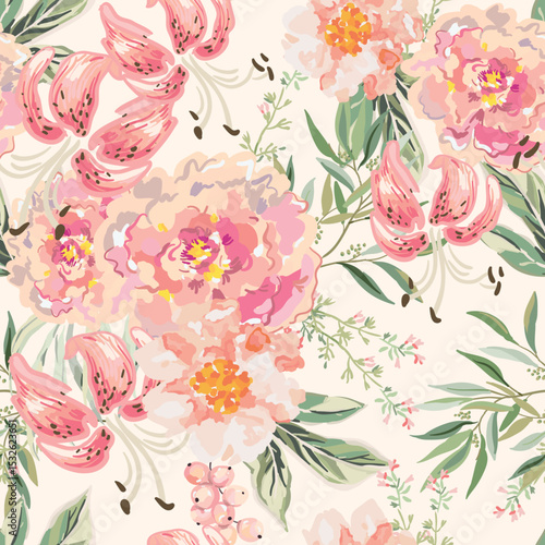 Pink peonies, lily flowers, green leaves, blush background. Floral illustration. Vector seamless pattern. Botanical design. Nature garden. Summer plants