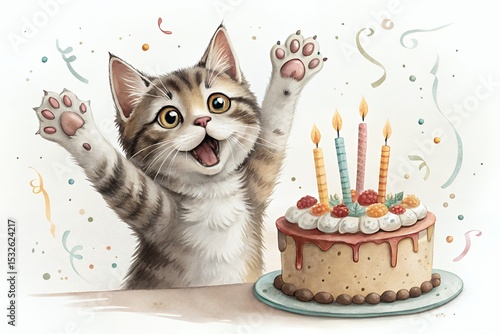 Happy birthday kitten with delicious cake and confetti