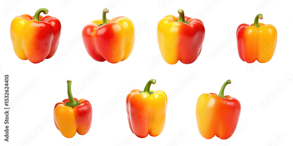 Assorted sweet red and yellow bell peppers on a transparent background featuring various angles and sizes of the peppers isolated without shadows or reflections. Assorted sweet red and yellow bell peppers on a transparent background featuring various angles and sizes of the peppers isolated without shadows or reflections.