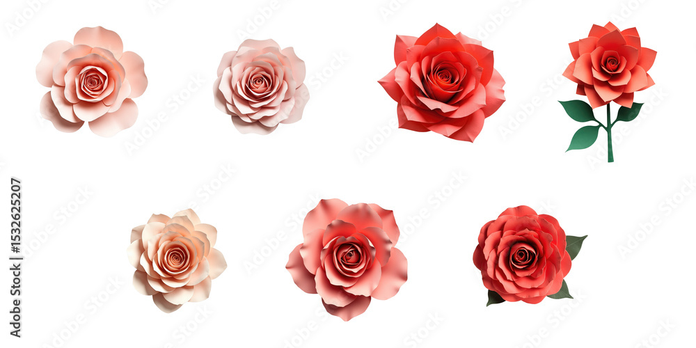 Collection of handcrafted rose flowers made from paper and fabric in various colors including pink and red on a transparent background isolated for display. Collection of handcrafted rose flowers made from paper and fabric in various colors including pink and red on a transparent background isolated for display.