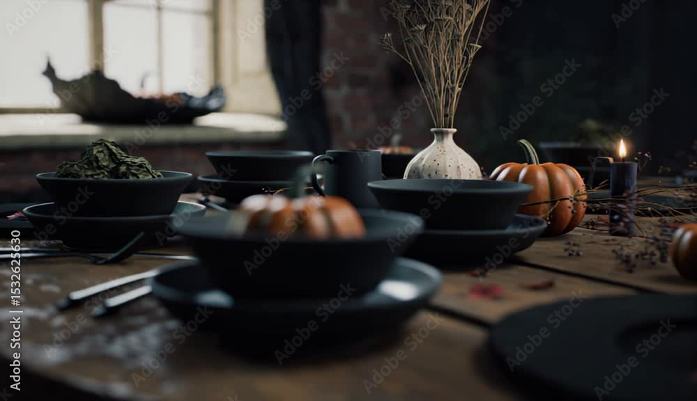 custom made wallpaper toronto digitalDark Halloween table setting with pumpkins, candles, and dried flowers in rustic cozy kitchen