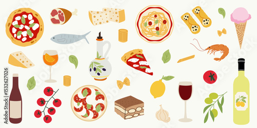 Hand drawn Italian food illustrations. Pizza, pasta, cheese, tomato, olive oil, wine, shrimp, garlic, lemon. Traditional Mediterranean cuisine. Vector flat design for print, menu, sticker.