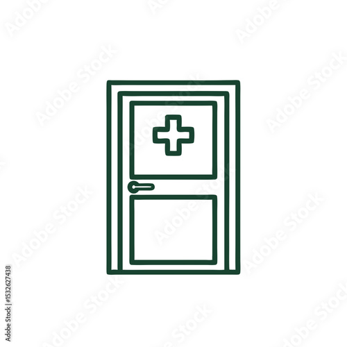 Medical door with cross symbol in simple line art design  