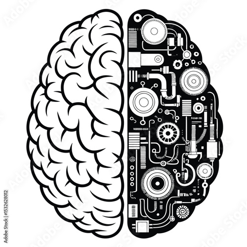 a stylized black and white brain illustration split into organic and mechanical hemispheres